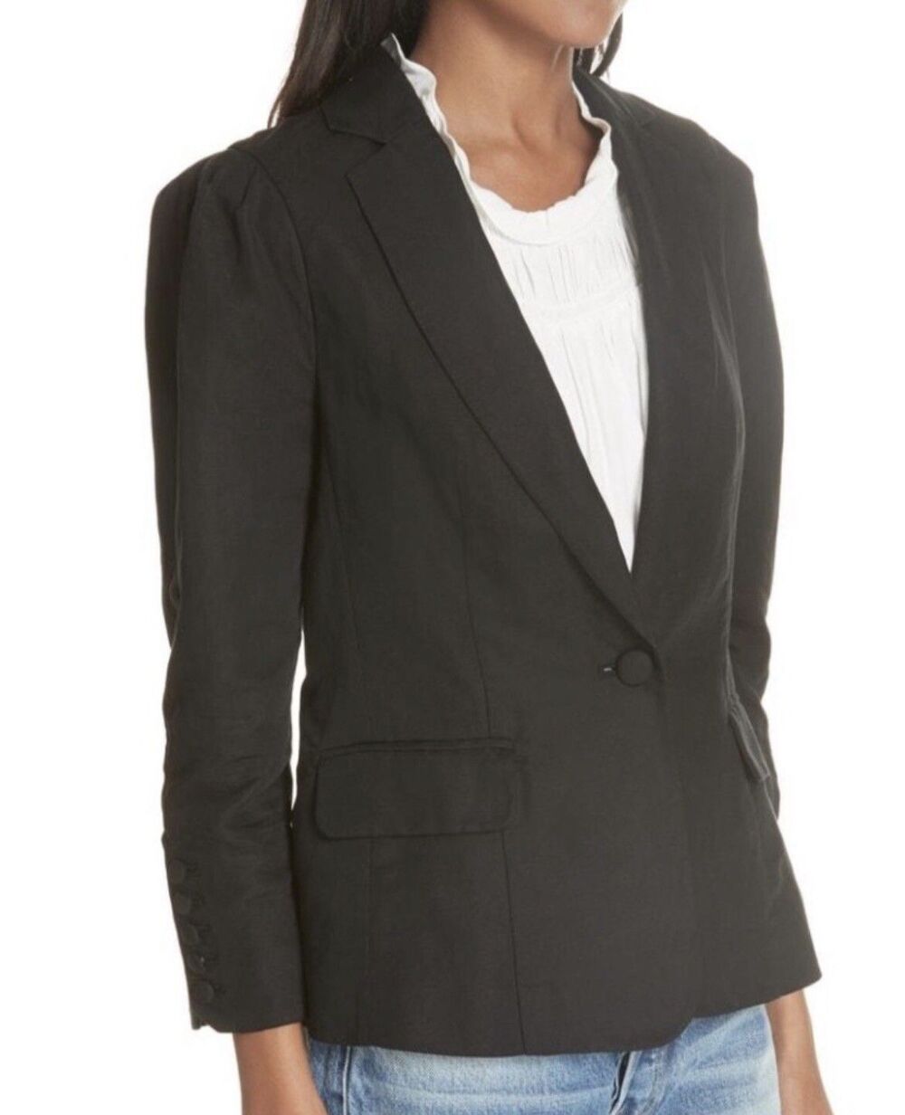Frame Denim One-Button Pleated Shoulder Linen Blend Blazer Size 4